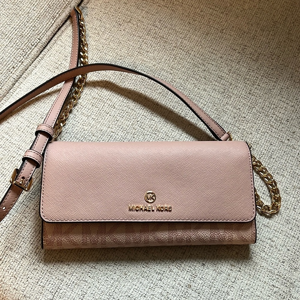 Blush pink Michael Kors wallet on chain